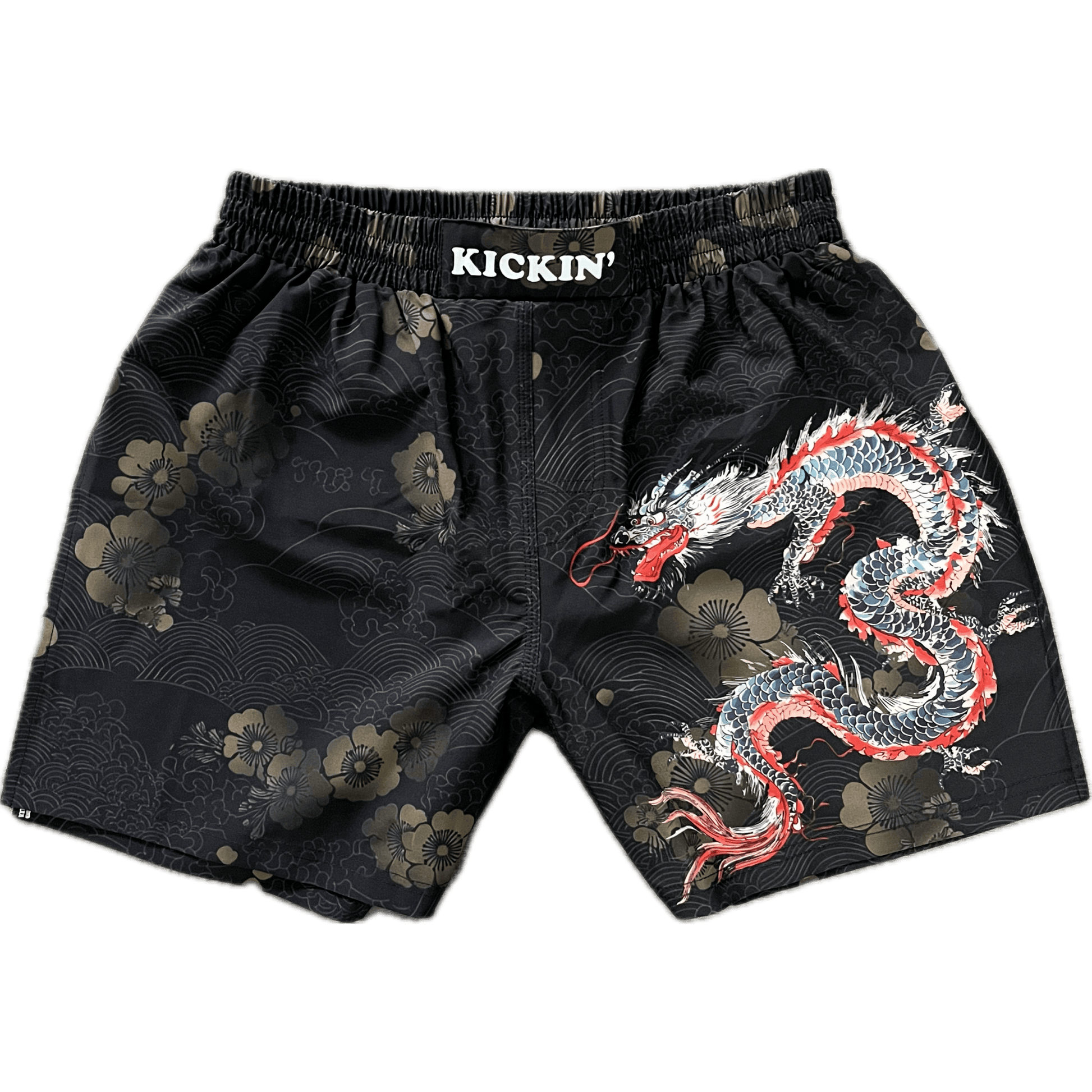 Kickin' Combat "Enter The Dragon" Japanese design black and gold high cut gladiator MMA shorts unfolded
