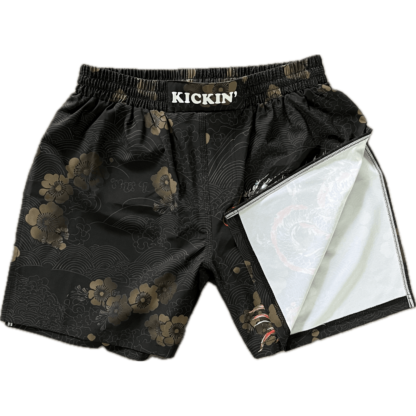 Kickin' Combat "Enter The Dragon" Japanese design black and gold high cut gladiator MMA shorts folded