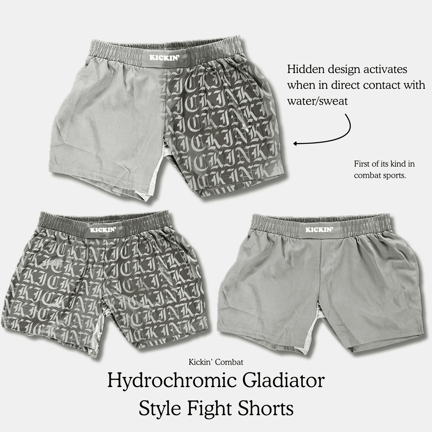 Kickin' Combat "Old English" dark gray hydrochromic high cut gladiator MMA shorts description text