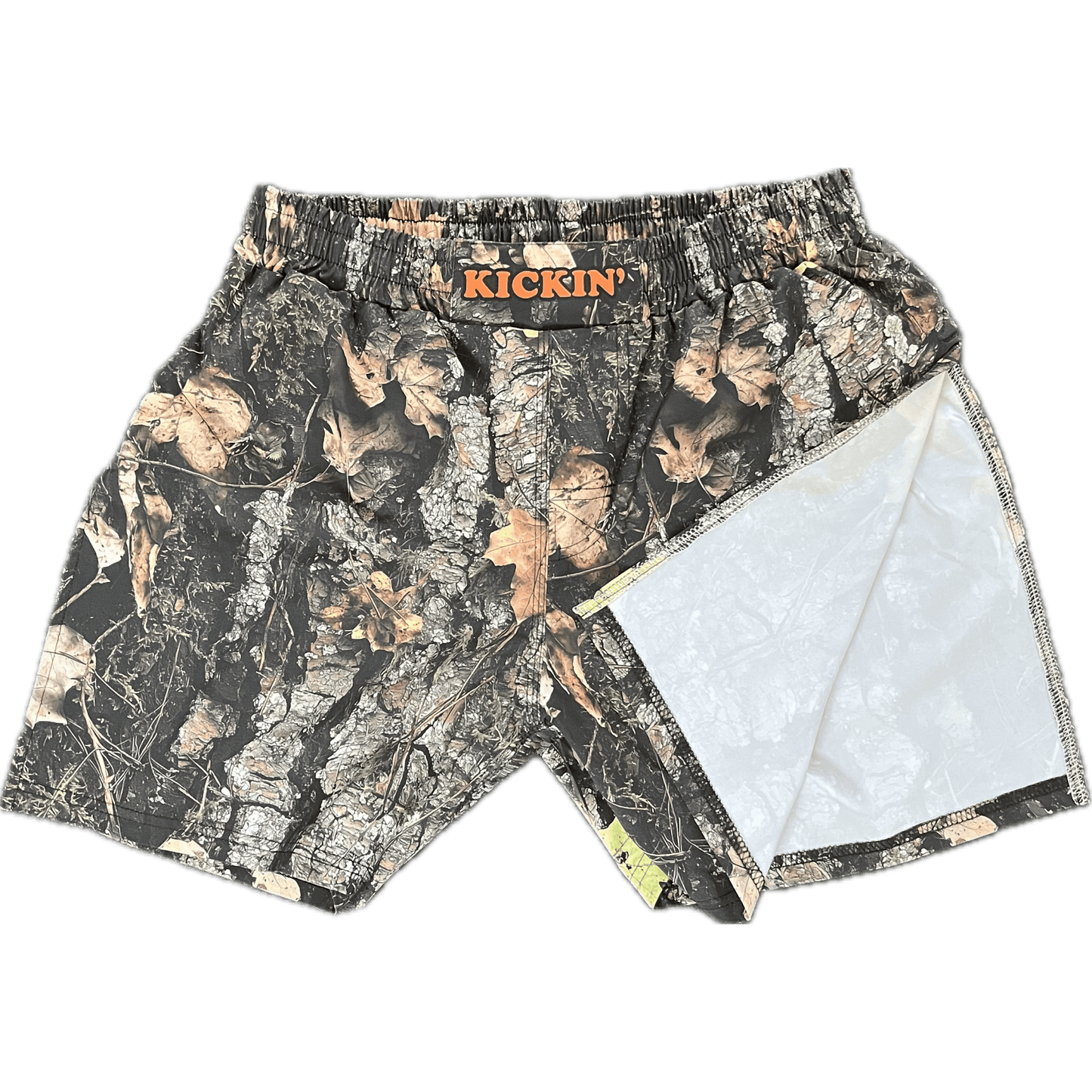 Kickin' Combat "Tactical Hunter" real camo high cut gladiator MMA shorts folded