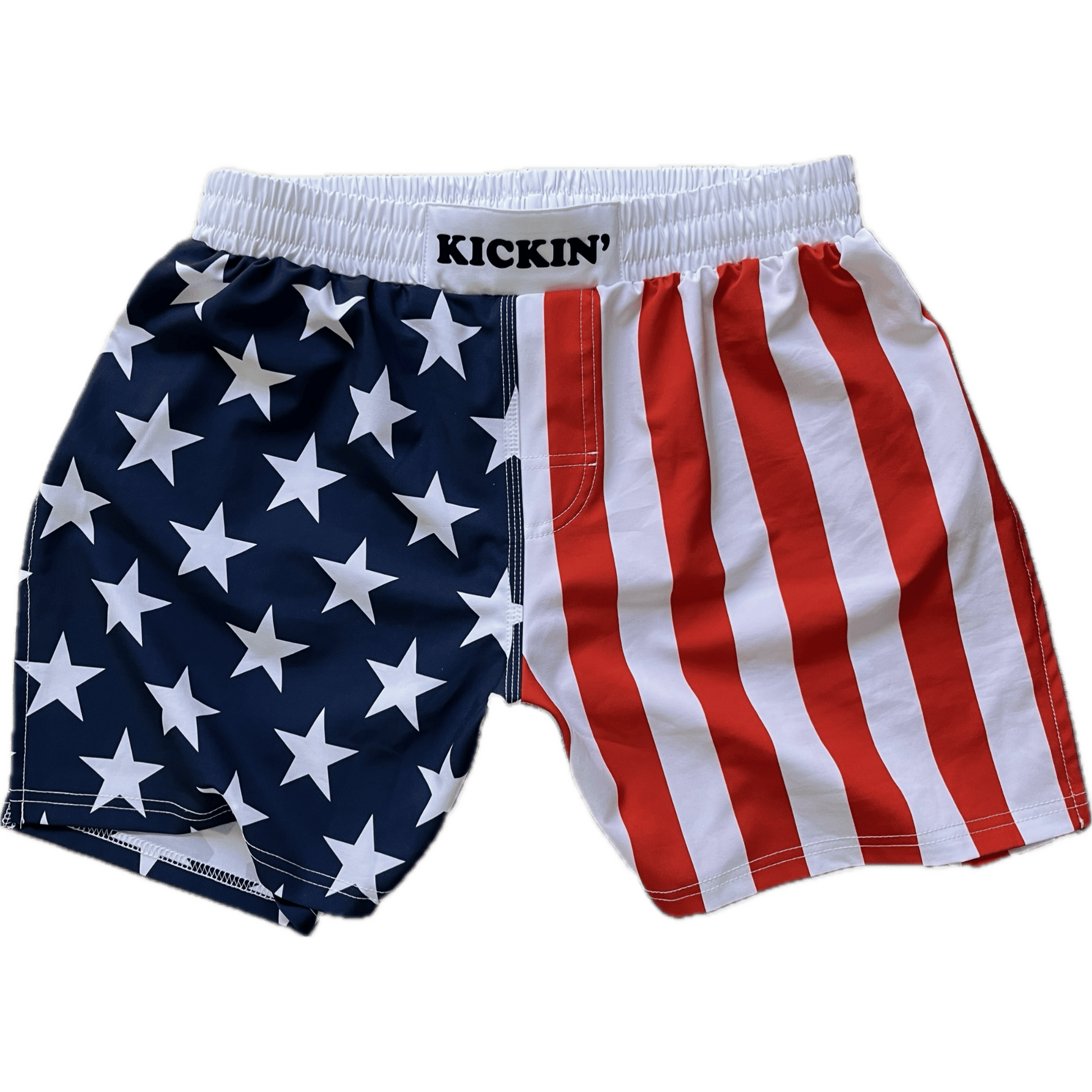 Kickin' Combat "Freedom" USA Flag American Style high cut gladiator MMA shorts unfolded