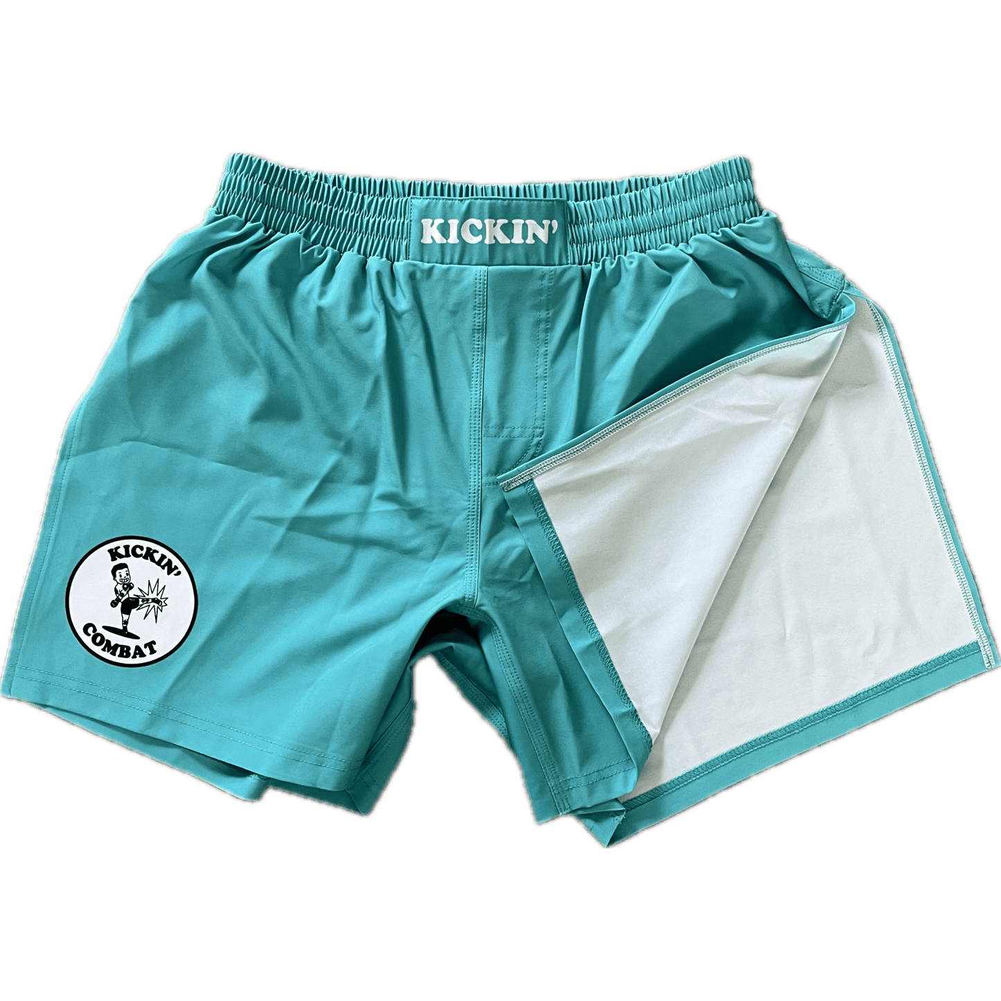 Kickin' Combat "Origins" teal high cut gladiator MMA shorts folded