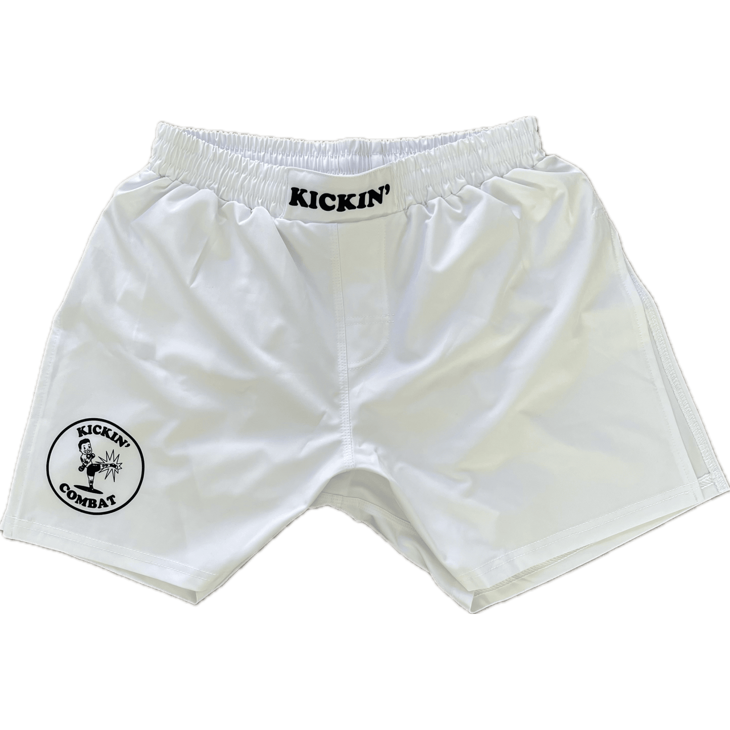 Kickin' Combat "Origins" white high cut gladiator MMA shorts unfolded