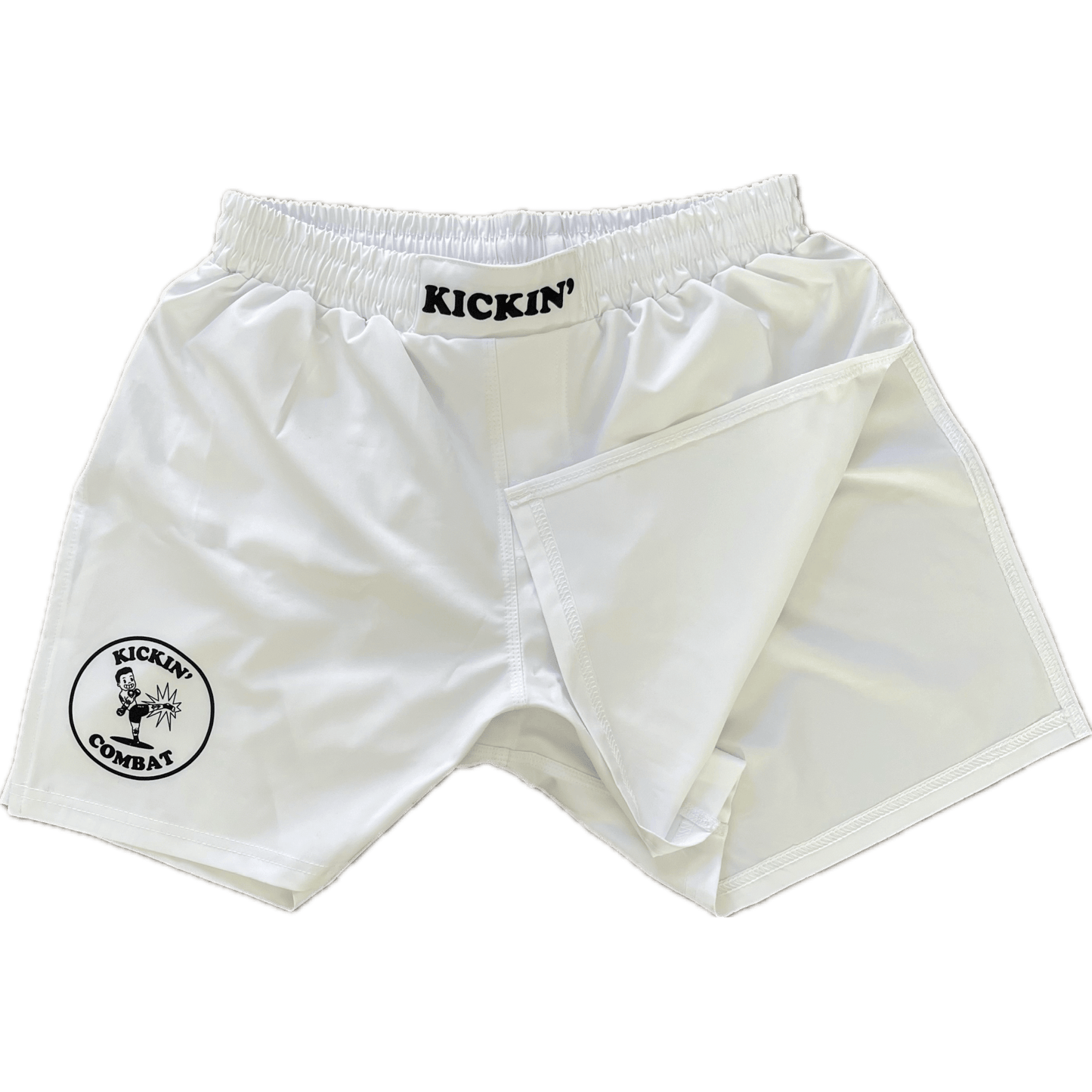 Kickin' Combat "Origins" white high cut gladiator MMA shorts folded