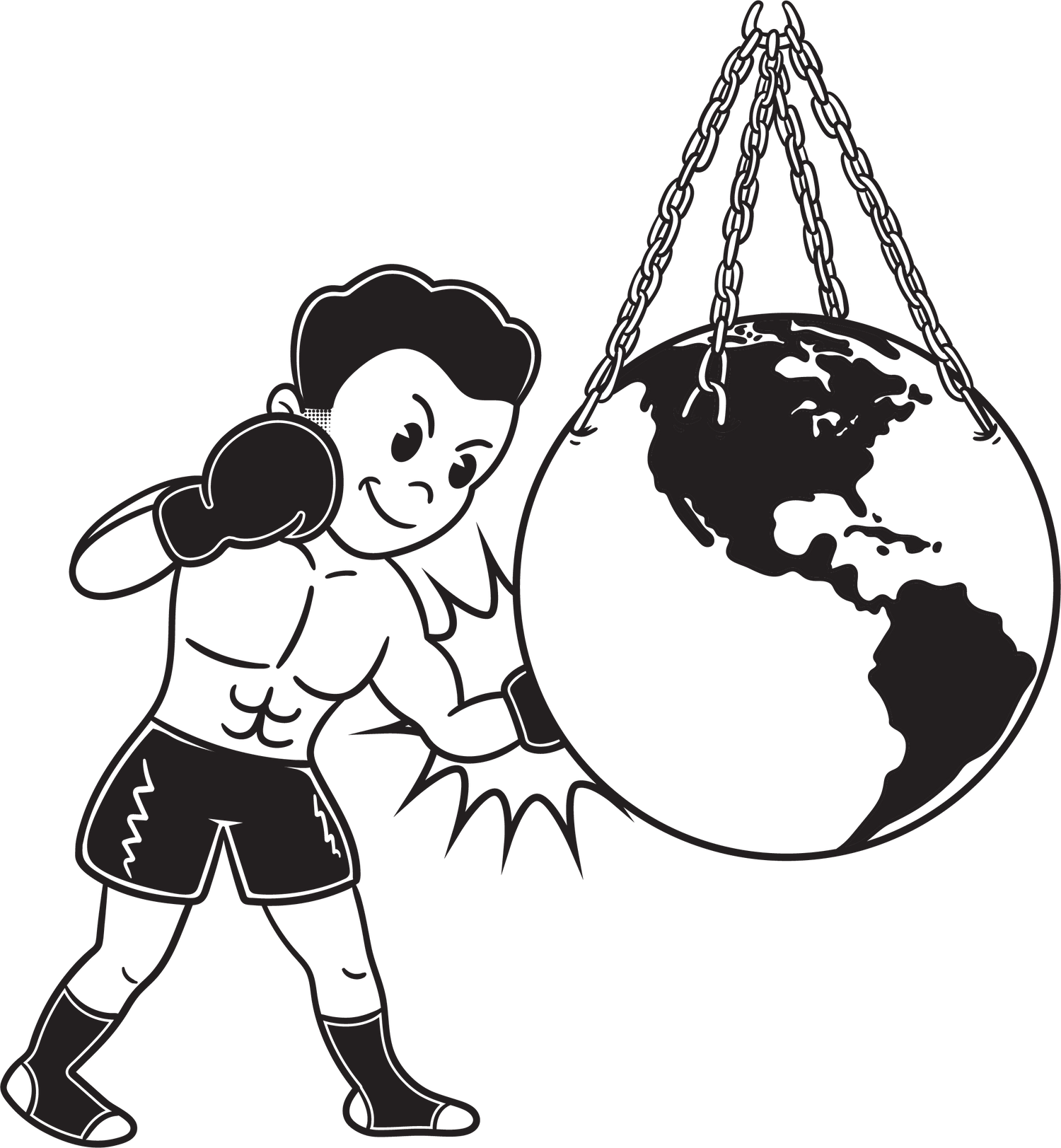 Kickin' Combat rubberhose cartoon boxer punching the world as a wrecking ball punching bag
