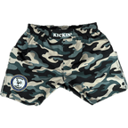 Kickin' Combat "Dept Of Offense" camo high cut gladiator MMA fight shorts unfolded