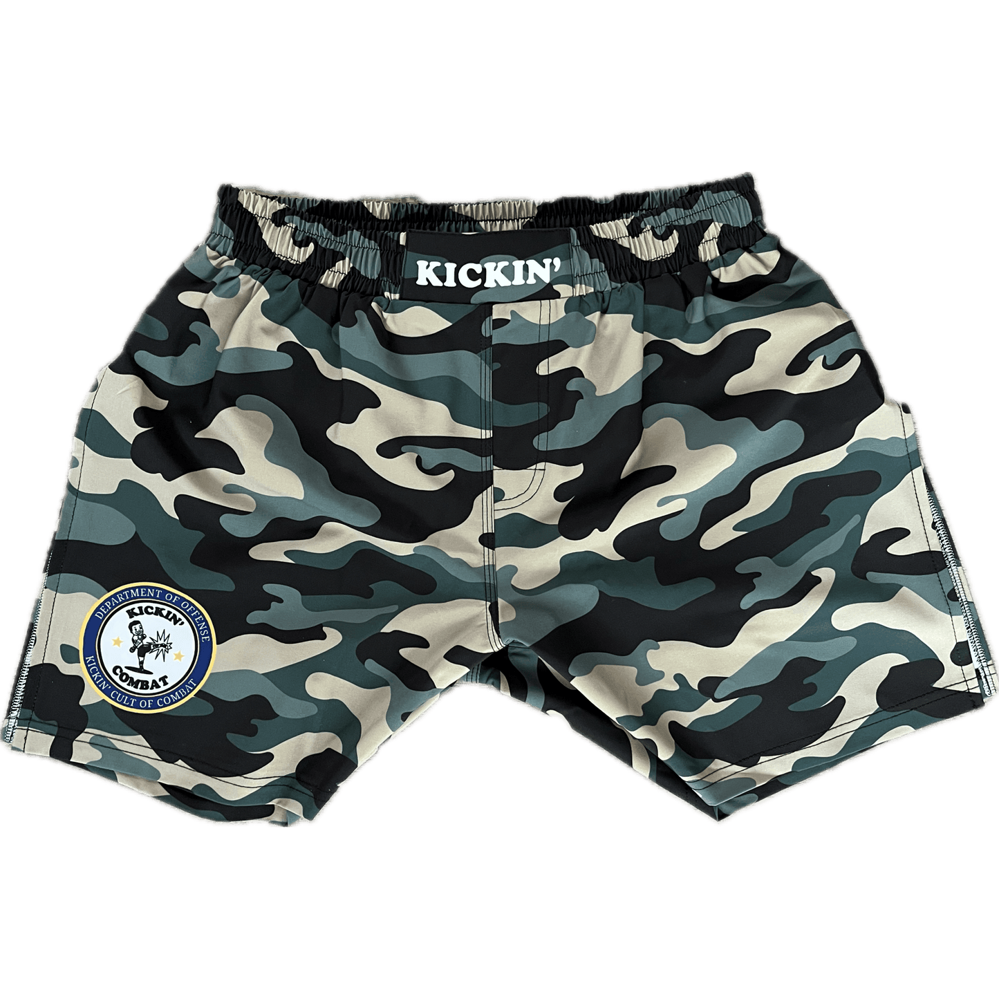 Kickin' Combat "Dept Of Offense" camo high cut gladiator MMA shorts unfolded