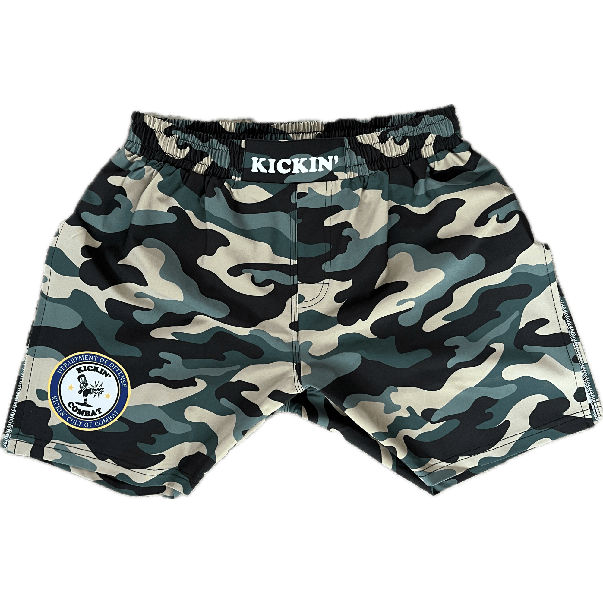 Kickin' Combat "Dept Of Offense" camo high cut gladiator MMA fight shorts unfolded