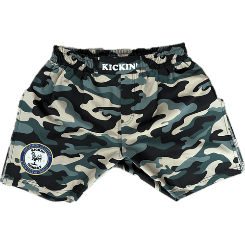 Kickin' Combat "Dept Of Offense" camo high cut gladiator MMA fight shorts unfolded