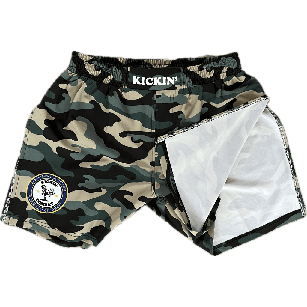 Kickin' Combat "Dept Of Offense" camo high cut gladiator MMA fight shorts folded