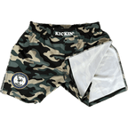Kickin' Combat "Dept Of Offense" camo high cut gladiator MMA fight shorts folded