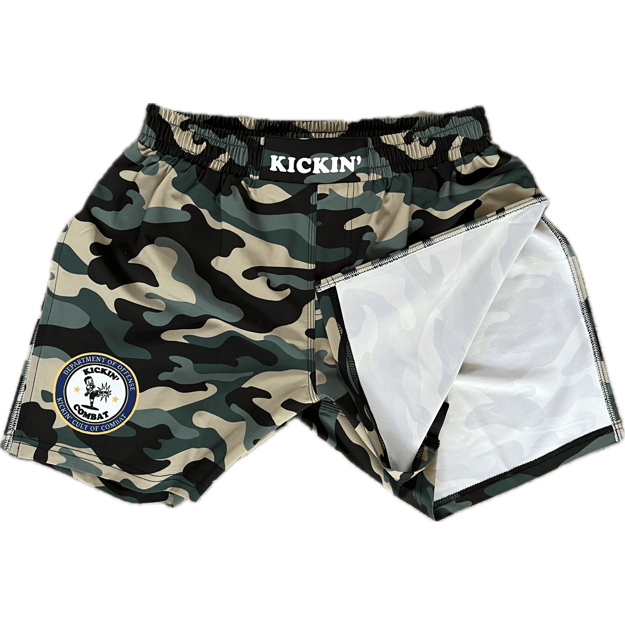 Kickin' Combat "Dept Of Offense" camo high cut gladiator MMA fight shorts folded