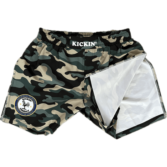 Kickin' Combat "Dept Of Offense" camo high cut gladiator MMA shorts folded