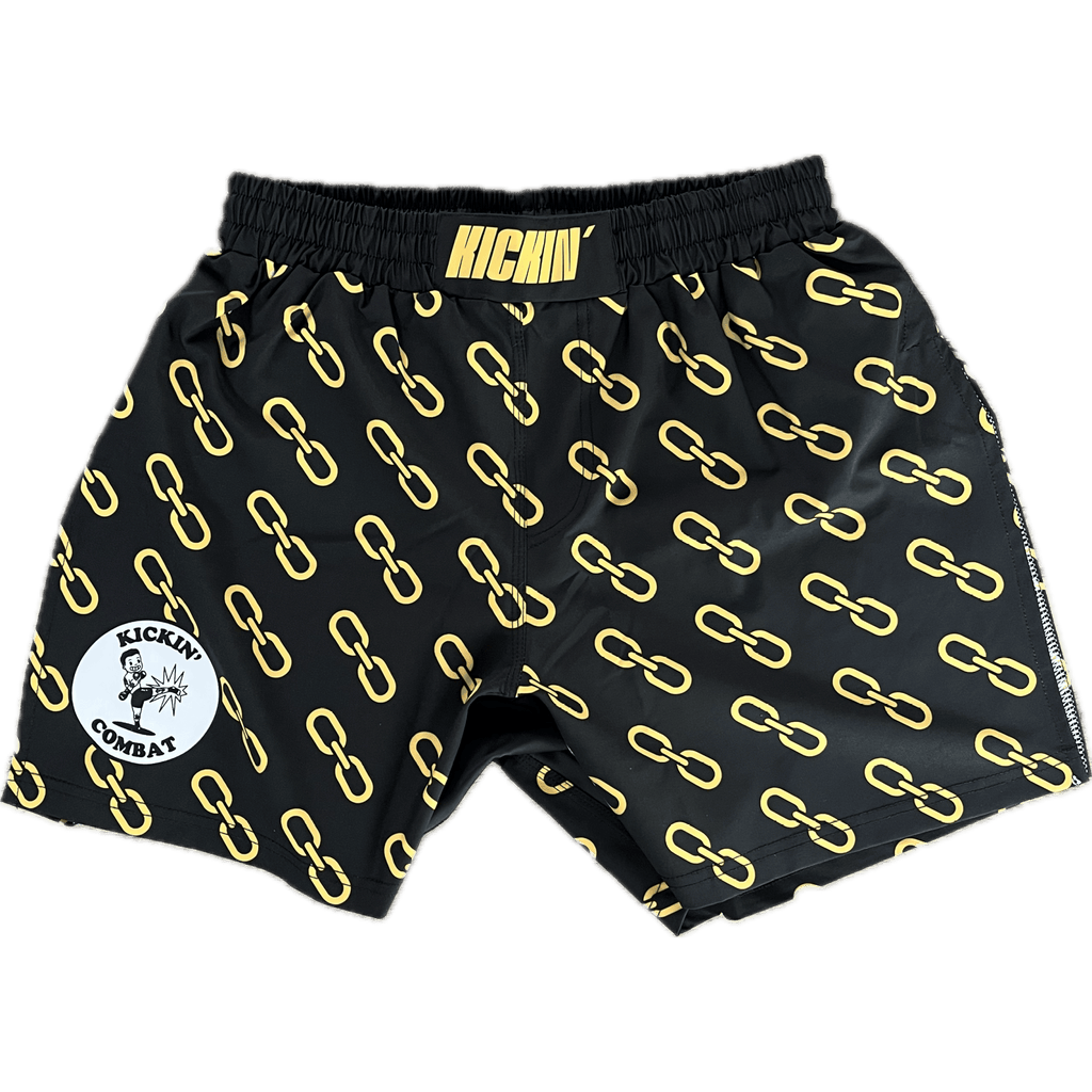 Kickin' Combat "Gold Chainz" high cut gladiator MMA fight shorts unfolded