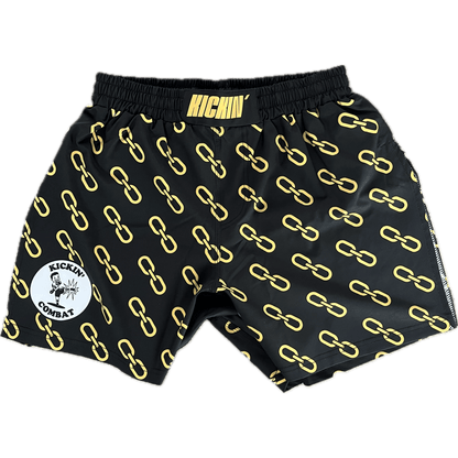 Kickin' Combat "Gold Chainz" high cut gladiator MMA shorts unfolded