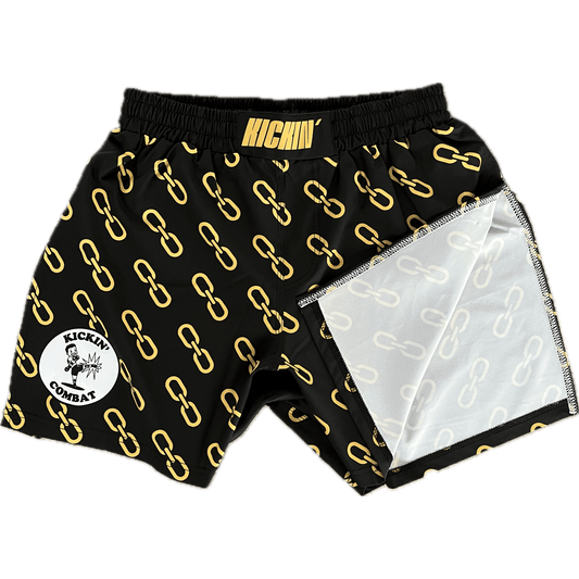 Kickin' Combat "Gold Chainz" high cut gladiator MMA shorts folded