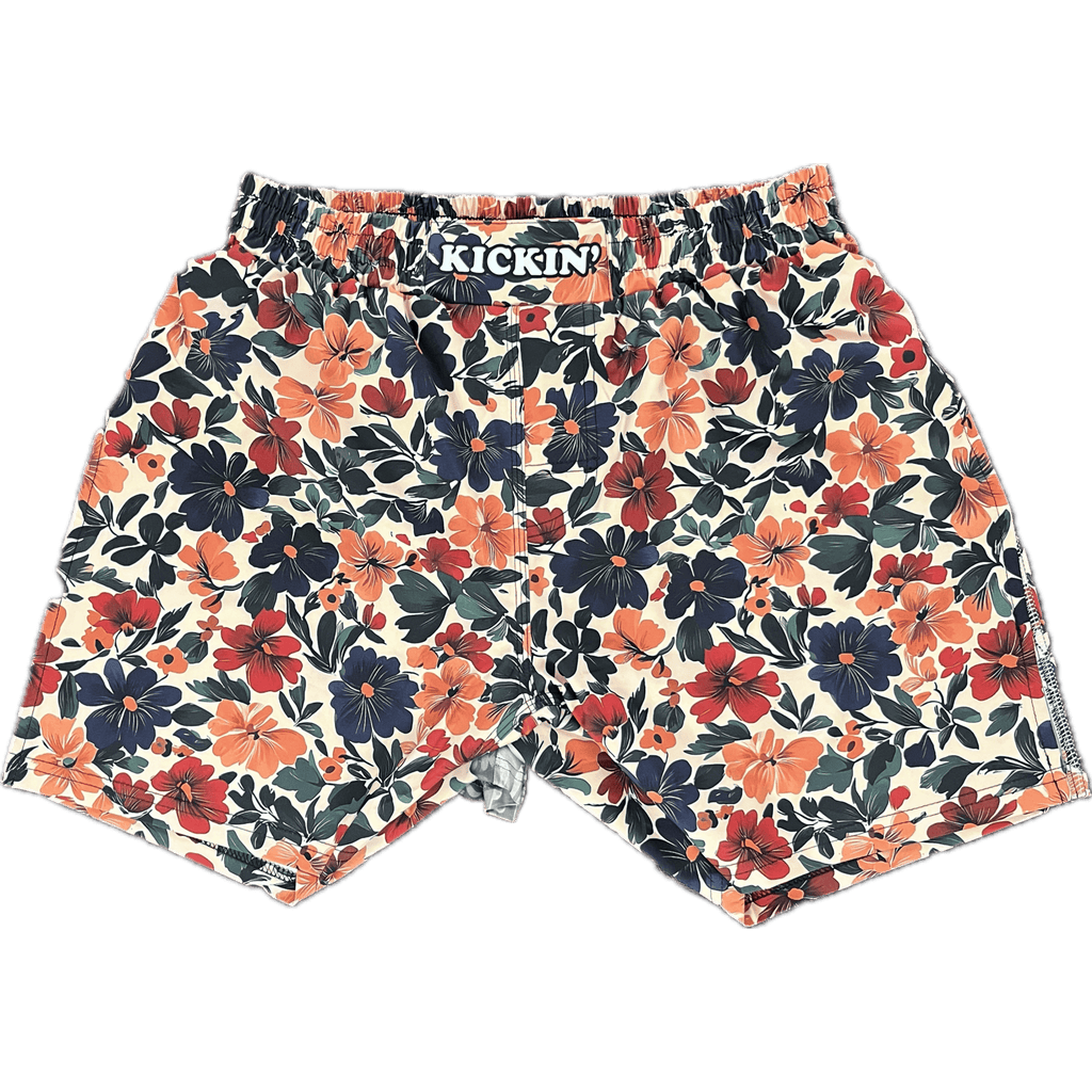 Kickin' Combat "Floral" high cut gladiator MMA fight shorts unfolded