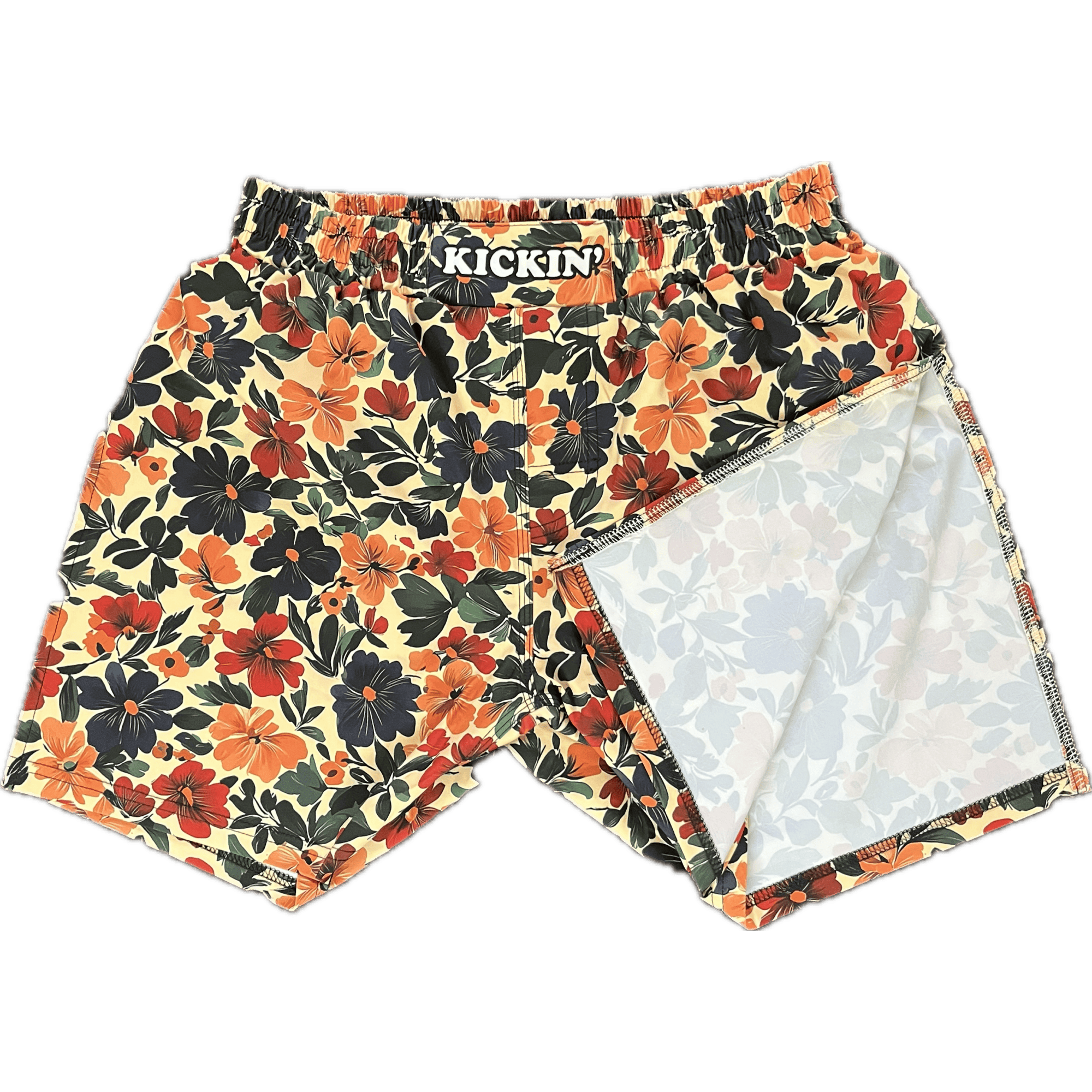 Kickin' Combat "Floral" high cut gladiator MMA fight shorts folded