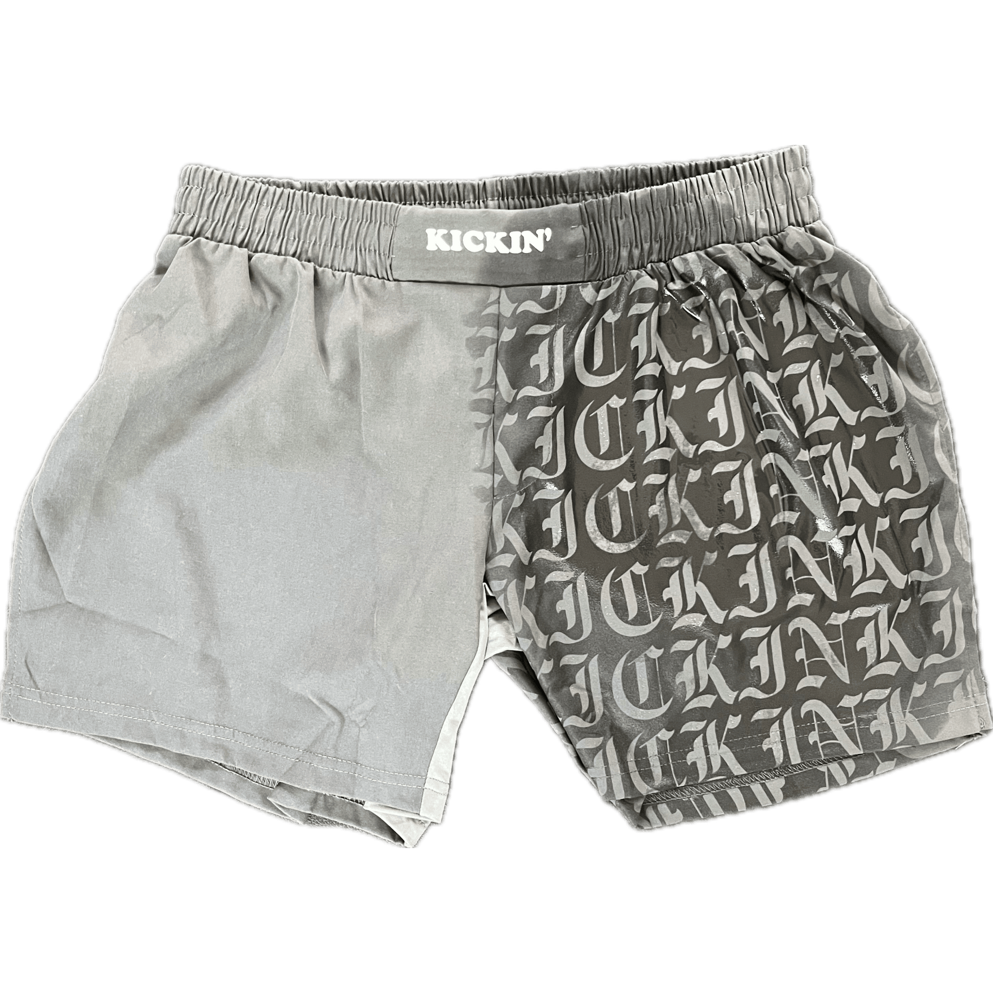 Kickin' Combat "Old English" dark gray hydrochromic high cut gladiator MMA shorts unfolded half wet