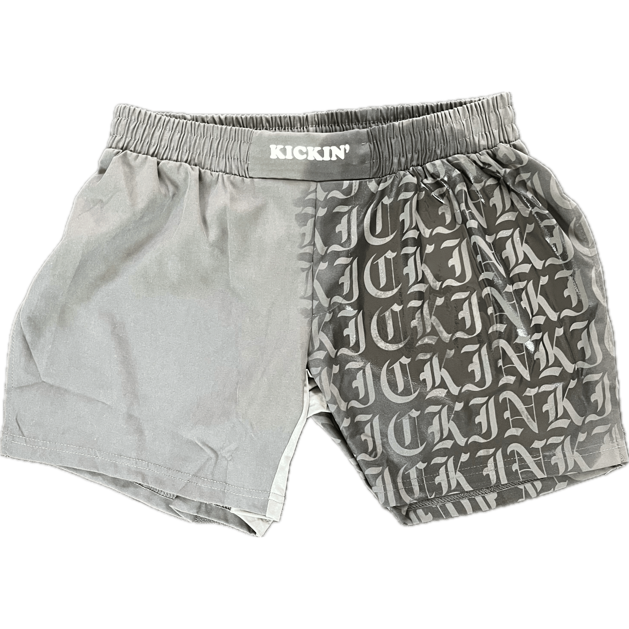 Kickin' Combat "Old English" dark gray hydrochromic high cut gladiator MMA fight shorts unfolded half wet