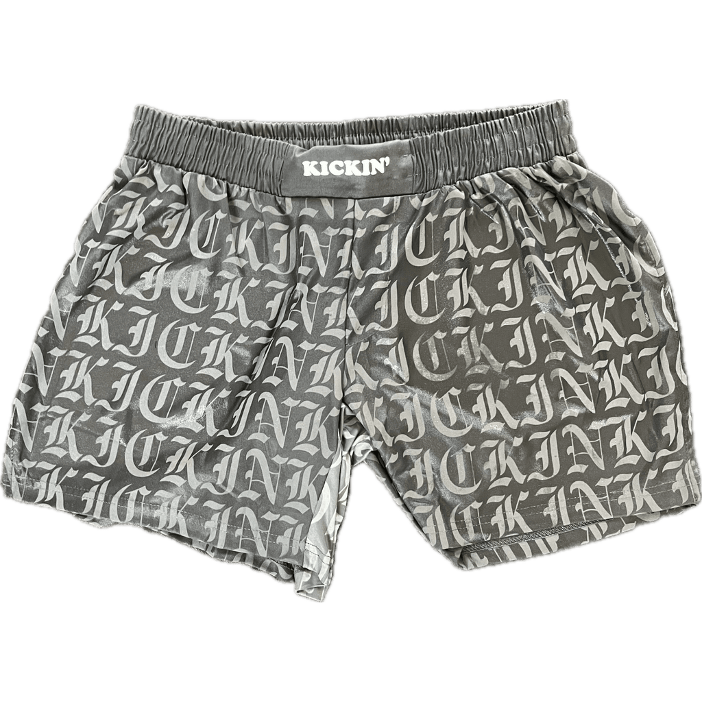 Kickin' Combat "Old English" dark gray hydrochromic high cut gladiator MMA fight shorts unfolded full wet