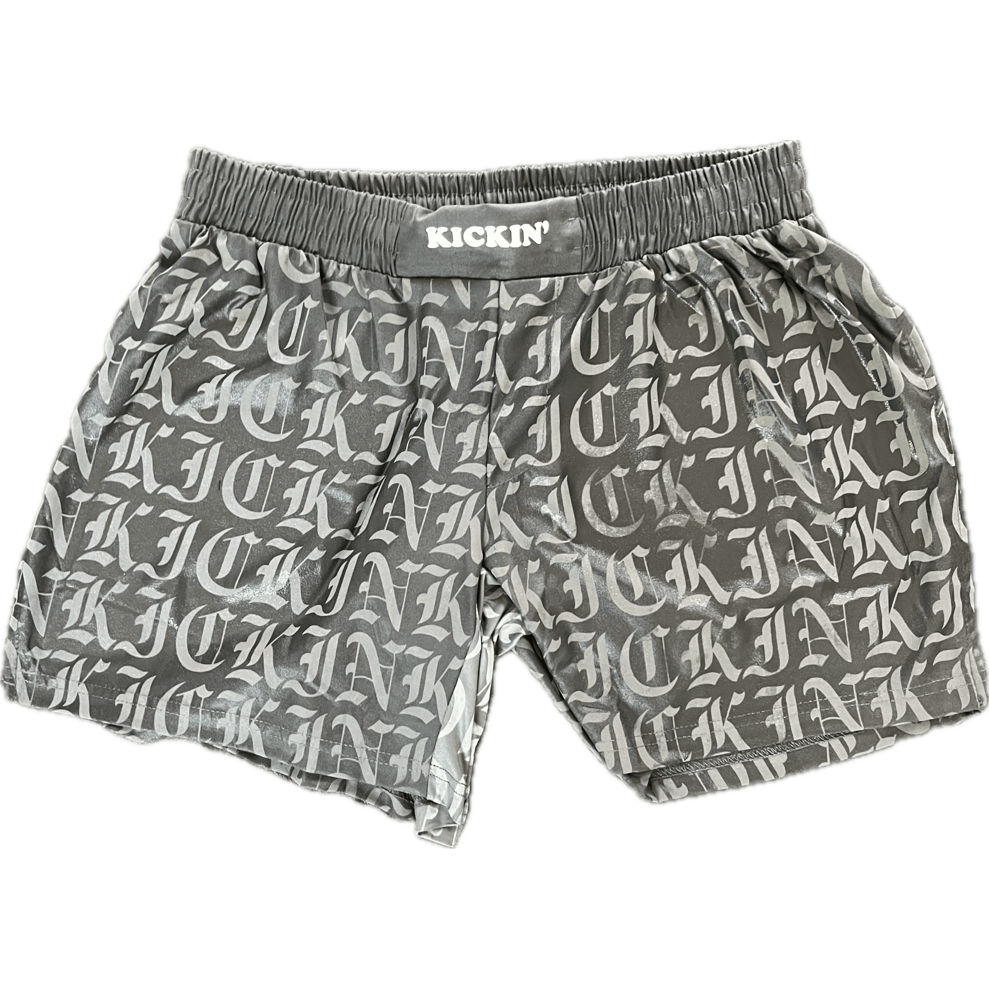Kickin' Combat "Old English" dark gray hydrochromic high cut gladiator MMA fight shorts unfolded full wet
