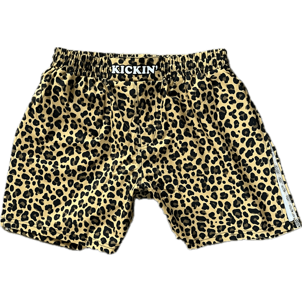Kickin' Combat "Leopard Spots" high cut gladiator MMA fight shorts unfolded