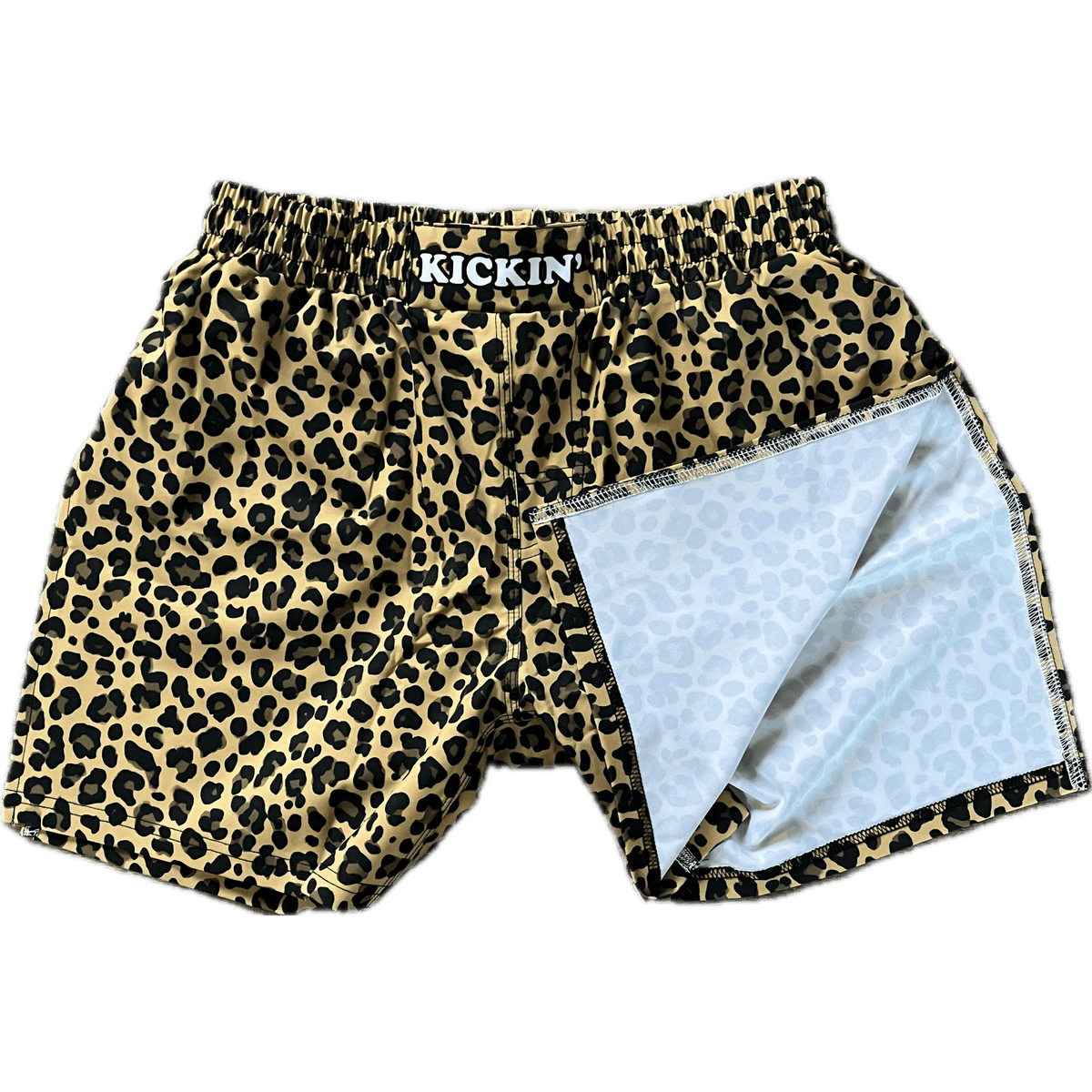 Kickin' Combat "Leopard Spots" high cut gladiator MMA fight shorts folded