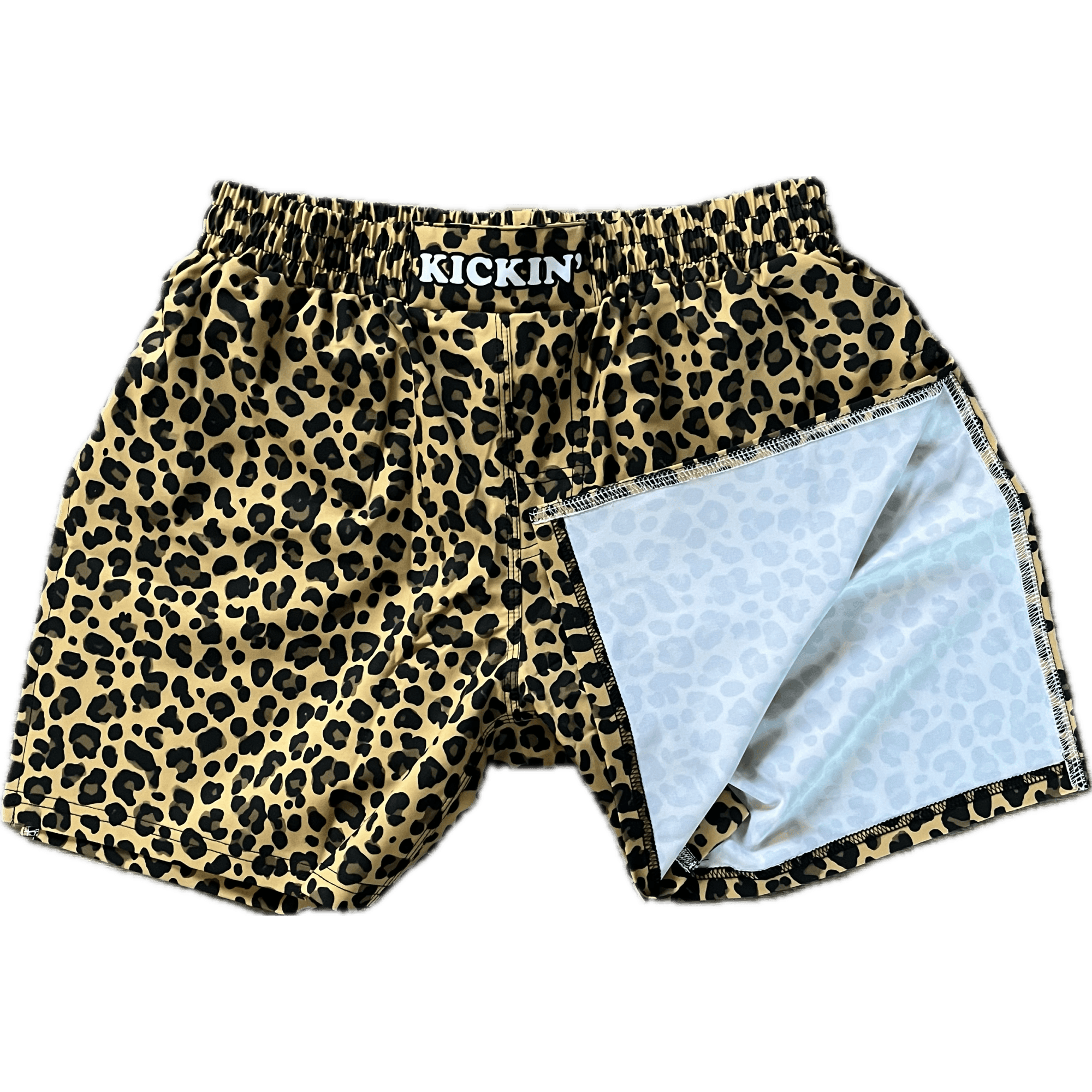 Kickin' Combat "Leopard Spots" high cut gladiator MMA fight shorts folded