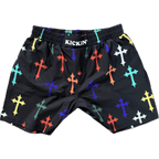 Kickin' Combat "Polychromatic Crosses" high cut gladiator MMA fight shorts unfolded