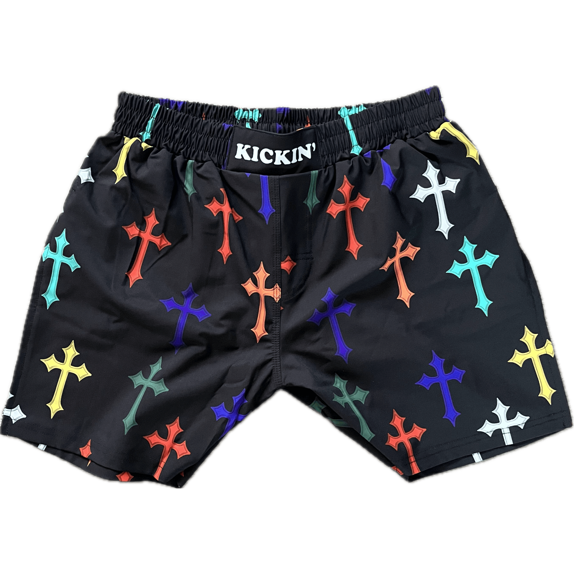 Kickin' Combat "Polychromatic Crosses" high cut gladiator MMA fight shorts unfolded