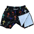 Kickin' Combat "Polychromatic Crosses" high cut gladiator MMA fight shorts folded