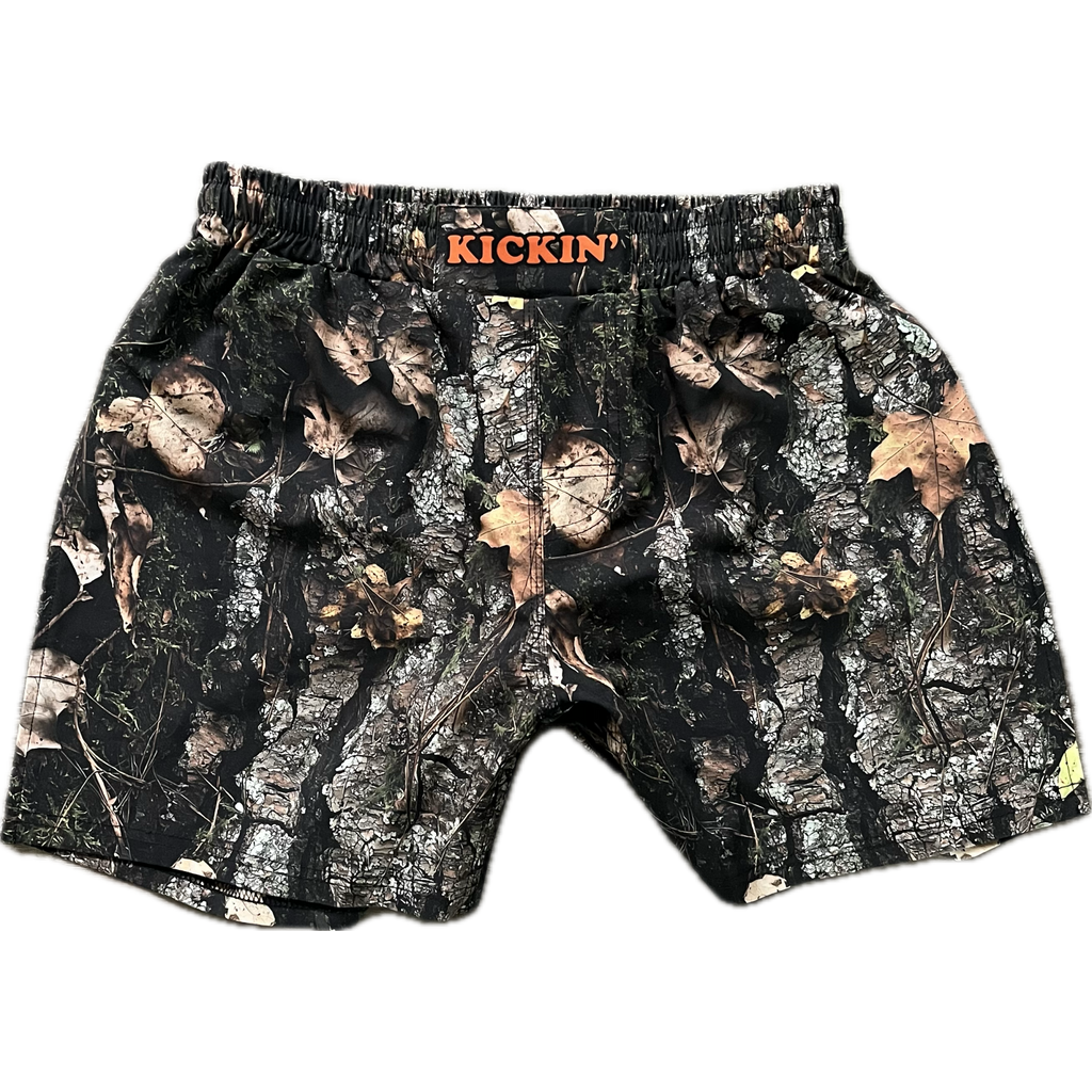 Kickin' Combat "Tactical Hunter" real camo high cut gladiator MMA fight shorts unfolded
