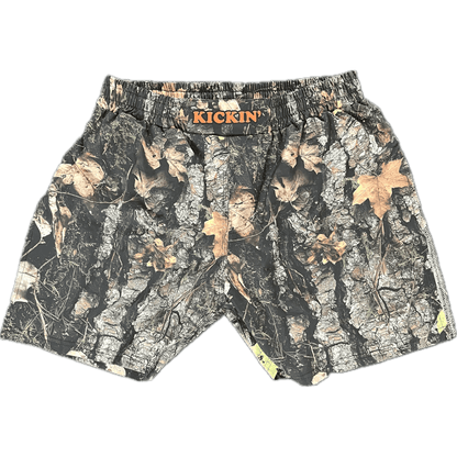 Kickin' Combat "Tactical Hunter" real camo high cut gladiator MMA shorts unfolded
