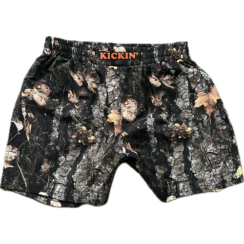 Kickin' Combat "Tactical Hunter" real camo high cut gladiator MMA fight shorts unfolded