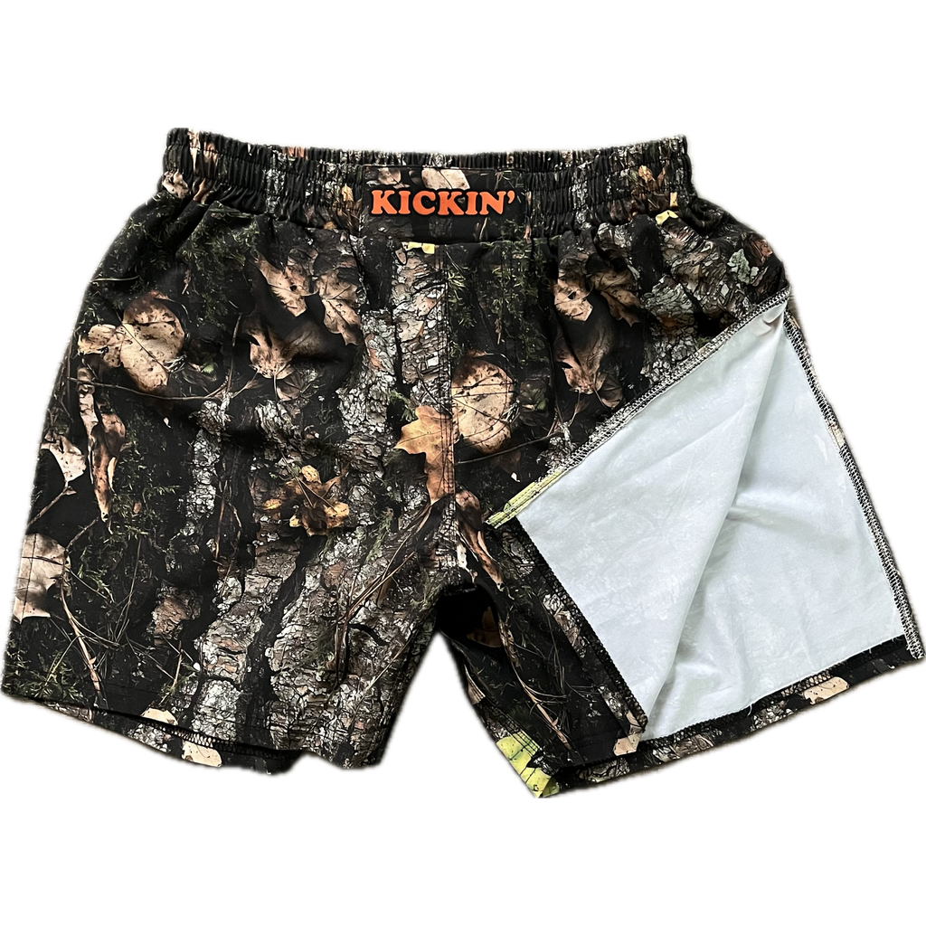 Kickin' Combat "Tactical Hunter" real camo high cut gladiator MMA fight shorts folded