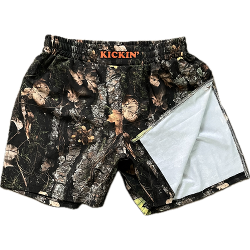 Kickin' Combat "Tactical Hunter" real camo high cut gladiator MMA fight shorts folded