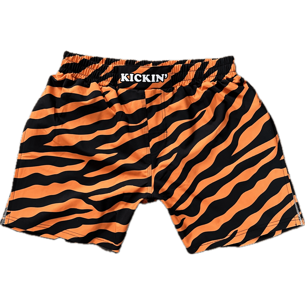 Kickin' Combat "Tiger Stripes" high cut gladiator MMA fight shorts unfolded