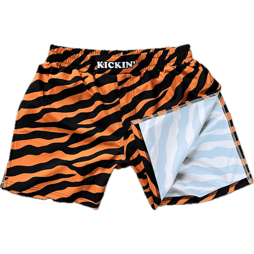 Kickin' Combat "Tiger Stripes" high cut gladiator MMA fight shorts folded