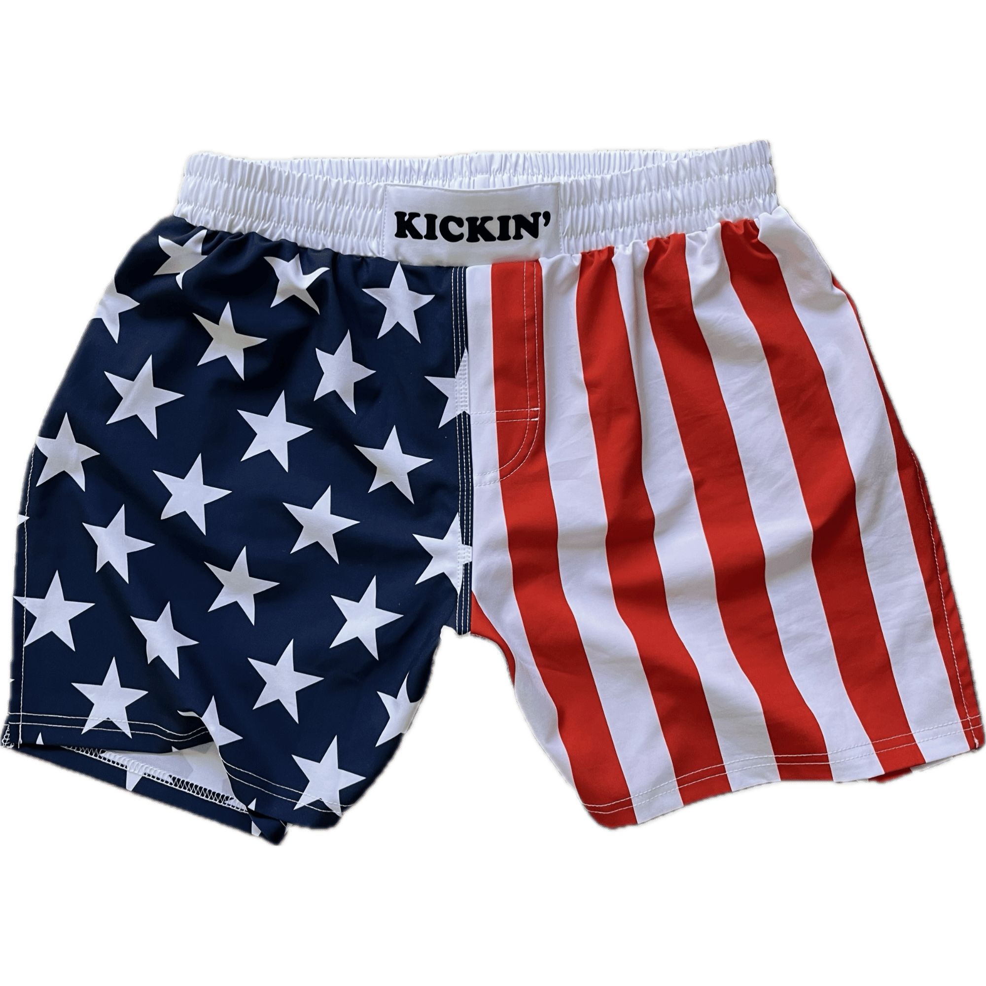 Kickin' Combat "Freedom" USA Flag American Style high cut gladiator MMA fight shorts unfolded