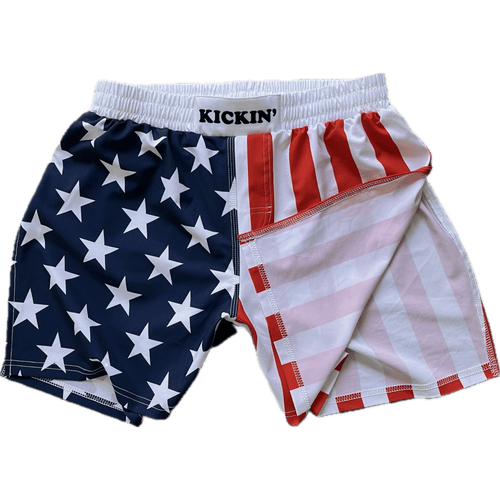 Kickin' Combat "Freedom" USA Flag American Style high cut gladiator MMA fight shorts folded