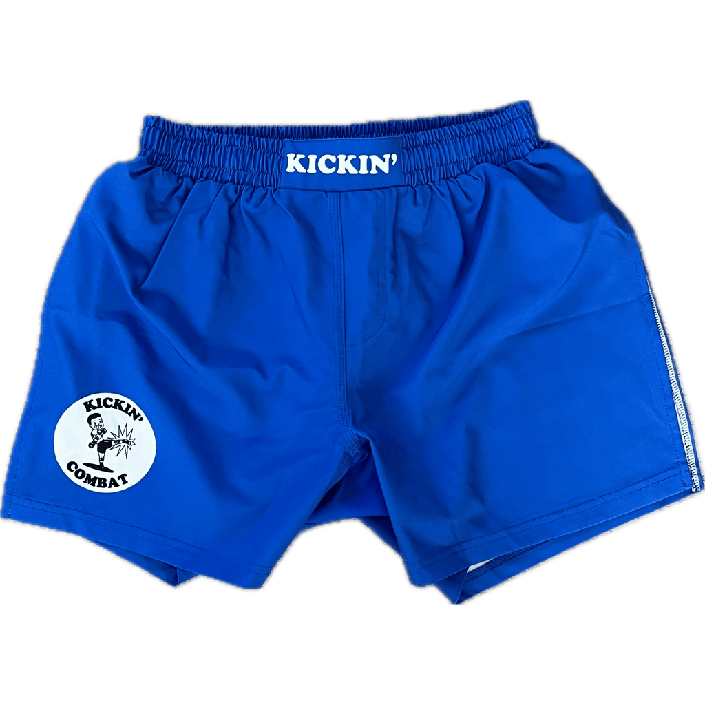Kickin' Combat "Origins" blue high cut gladiator MMA fight shorts unfolded
