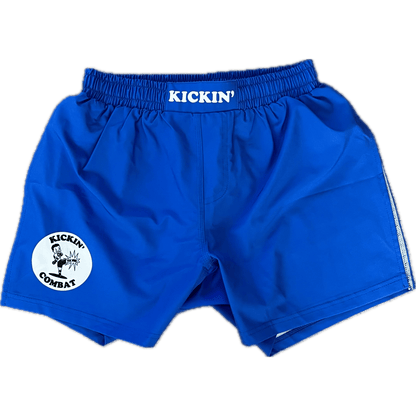 Kickin' Combat "Origins" blue high cut gladiator MMA shorts unfolded