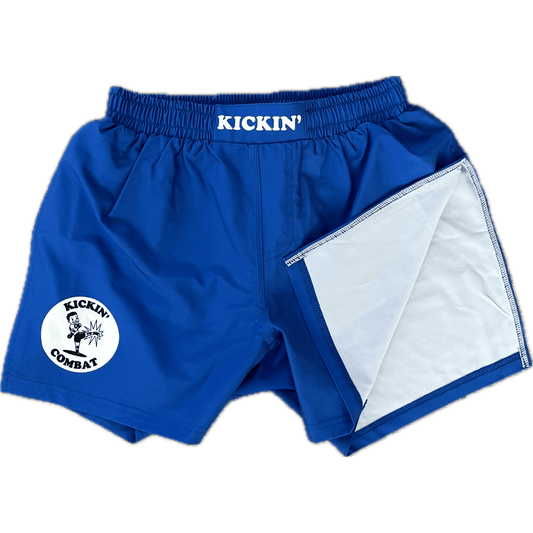 Kickin' Combat "Origins" blue high cut gladiator MMA shorts folded