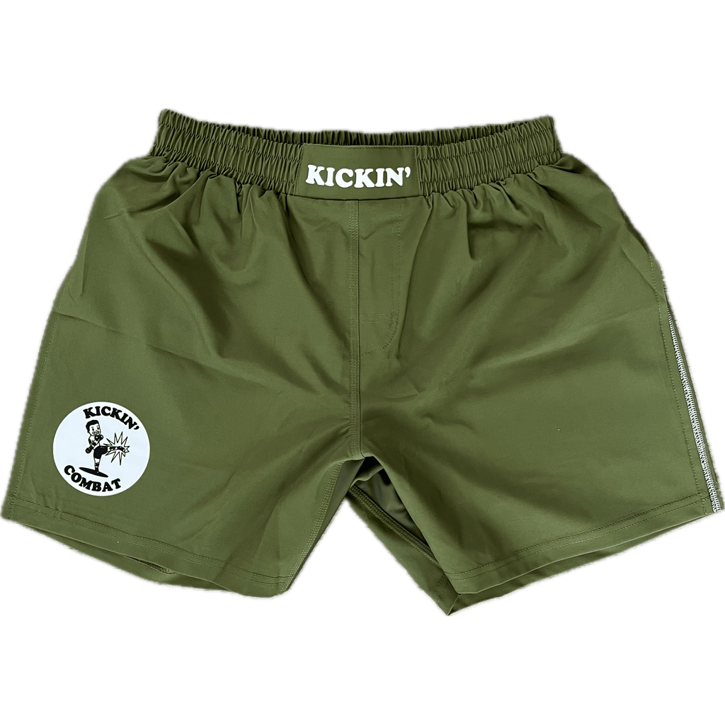 Kickin' Combat "Origins" olive green high cut gladiator MMA fight shorts unfolded
