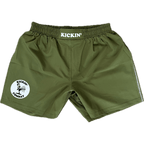 Kickin' Combat "Origins" olive green high cut gladiator MMA fight shorts unfolded