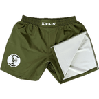 Kickin' Combat "Origins" olive green high cut gladiator MMA fight shorts folded