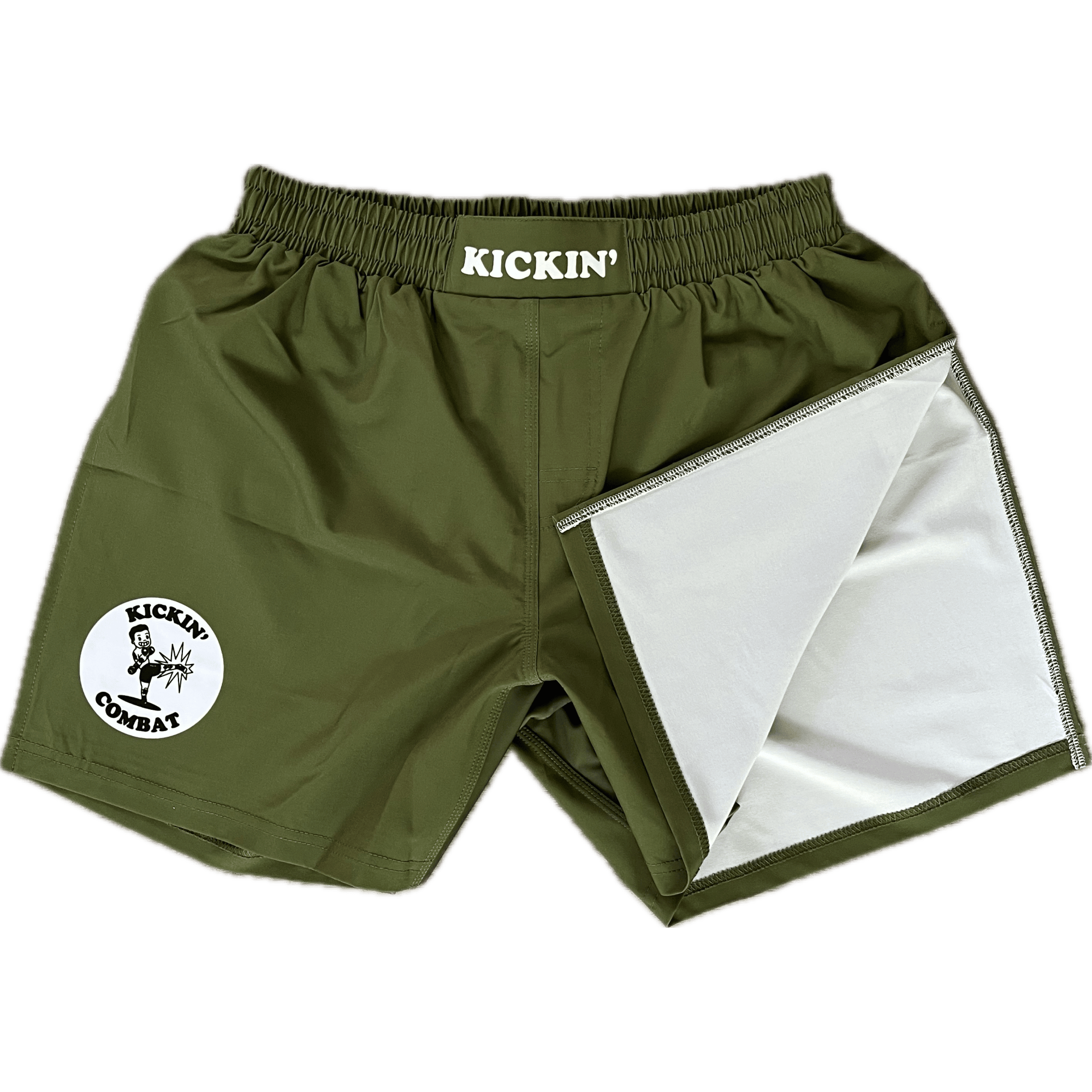 Kickin' Combat "Origins" olive green high cut gladiator MMA fight shorts folded