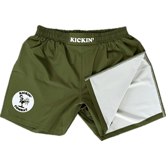 Kickin' Combat "Origins" olive green high cut gladiator MMA shorts folded