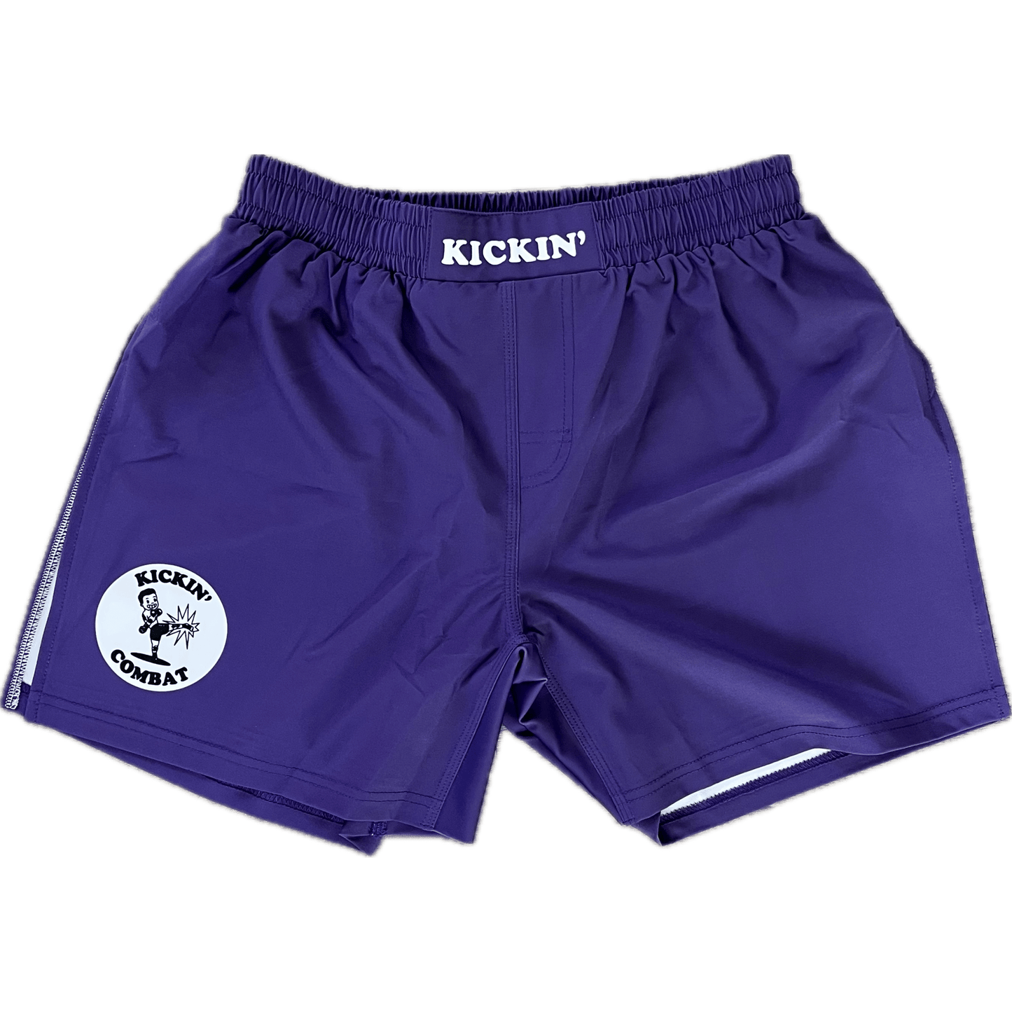 Kickin' Combat "Origins" purple high cut gladiator MMA shorts unfolded